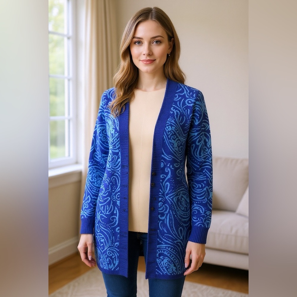 Isaac Mizrahi Blue Paisley Double Knit Jacquard Cardigan Size XL - Picture 2 of 7